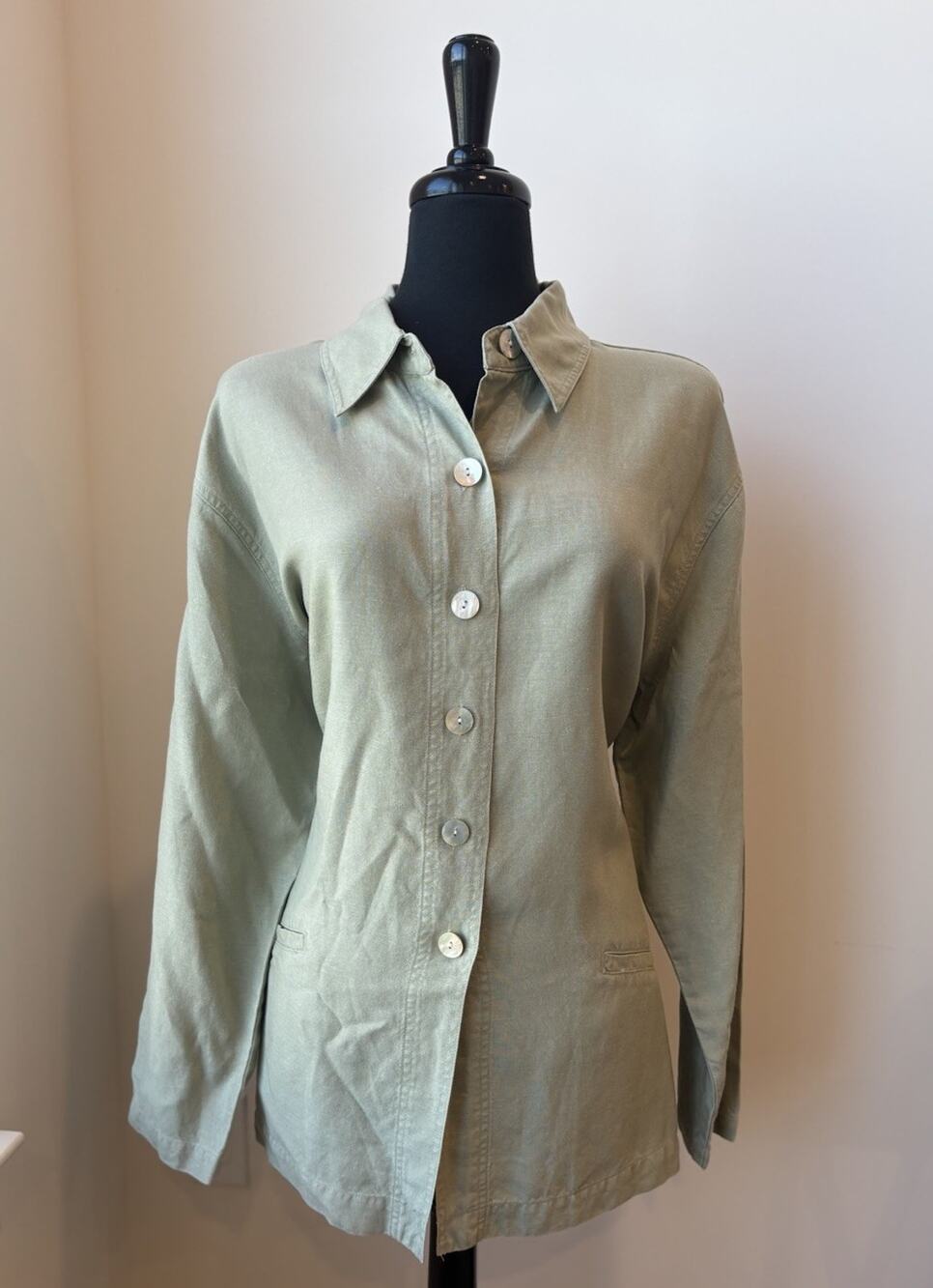 NEW Chico's Design Top Size 3 Light Green Linen Blend Button Up Long Sleeve